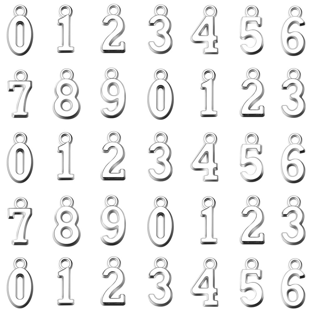7958 200Pcs Alloy Silver Plated 0-9 Figures Numbers Charms Arabic Numerals